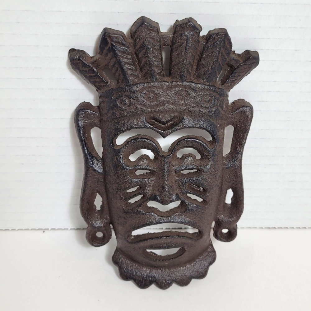 Vintage Cast Iron Decorative Art Tribal Mask Native with Feathered Headdress